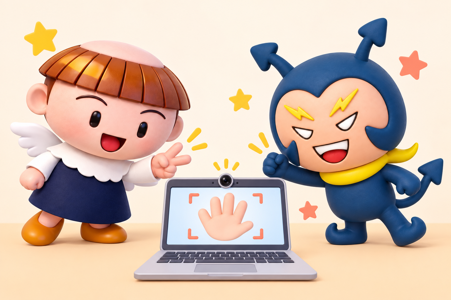 カメラに向かってチョキを出すパタピコとグーを出すデビ