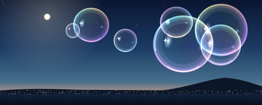 函館山と夜景の上の夕ぐれの空に、月の光でキラキラ光る大きなシャボン玉がうかんでいる