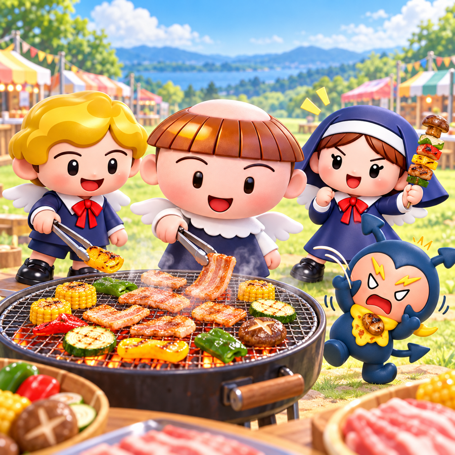 銭亀バーベキュー祭りで料理を楽しむパタピコたち